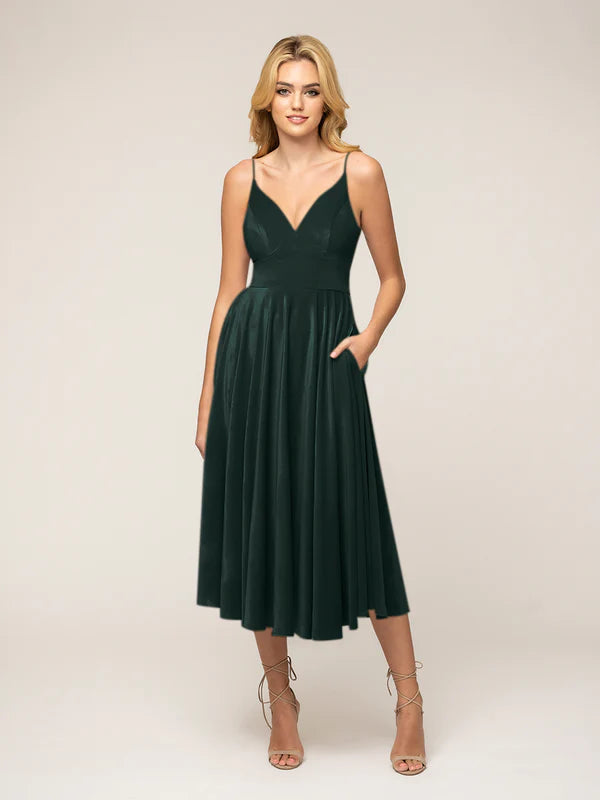 DingJiDress Spaghetti Strap A Line Tea Length Velvet Dress Bridesmaid Dresses