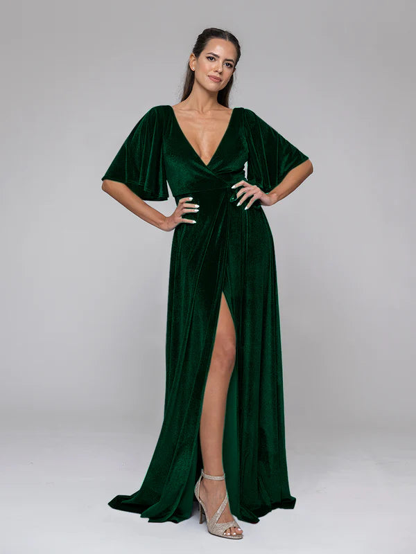 DingJiDress Flutter Sleeve Velvet Wrap Maxi Dress Bridesmaid Dresses