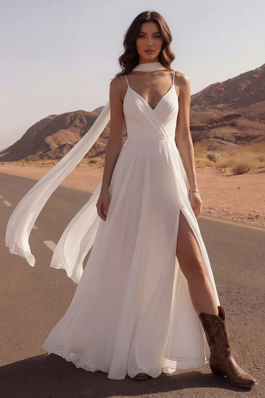 Ethereal A-Line V-Neck Backless White Maxi Wedding Dress With Streamer