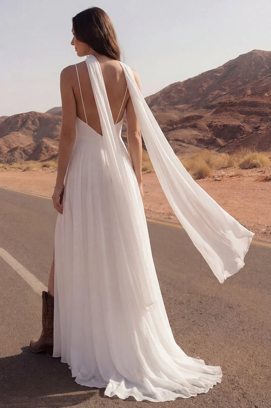 Ethereal A-Line V-Neck Backless White Maxi Wedding Dress With Streamer