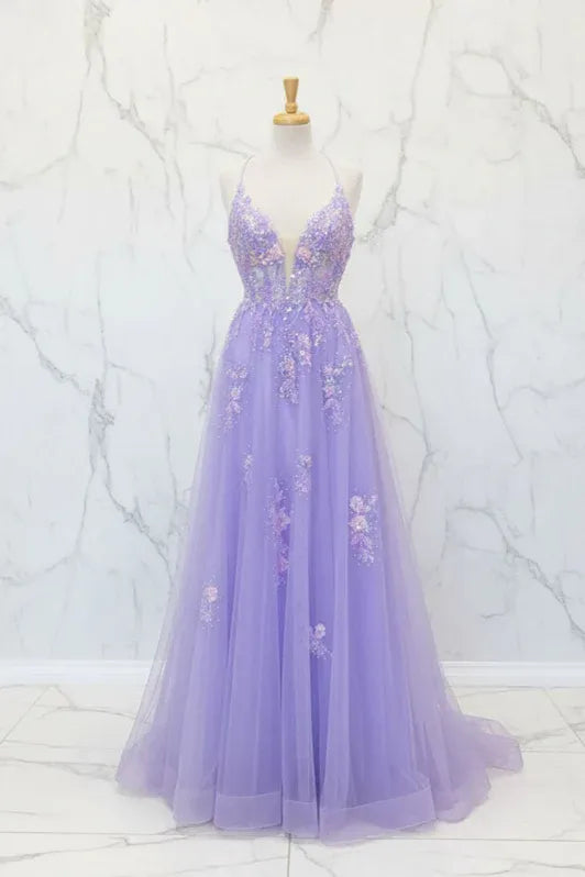 Ethereal A-Line V-Neck Sleeveless Beaded Lilac Maxi Prom Dress for Women Ready to Ship