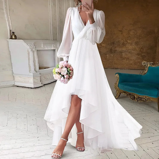 Ethereal A-line V-Neck Long Sleeve Ruffled White High-Low Prom Dress For Women