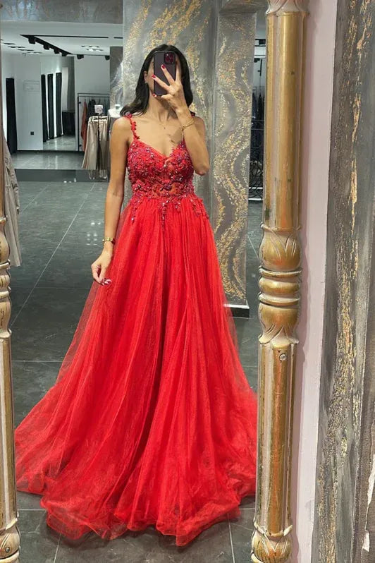 Ethereal Ballgown V-neck Sleeveless Beaded Red Floor-length Prom Dress for Women Custom