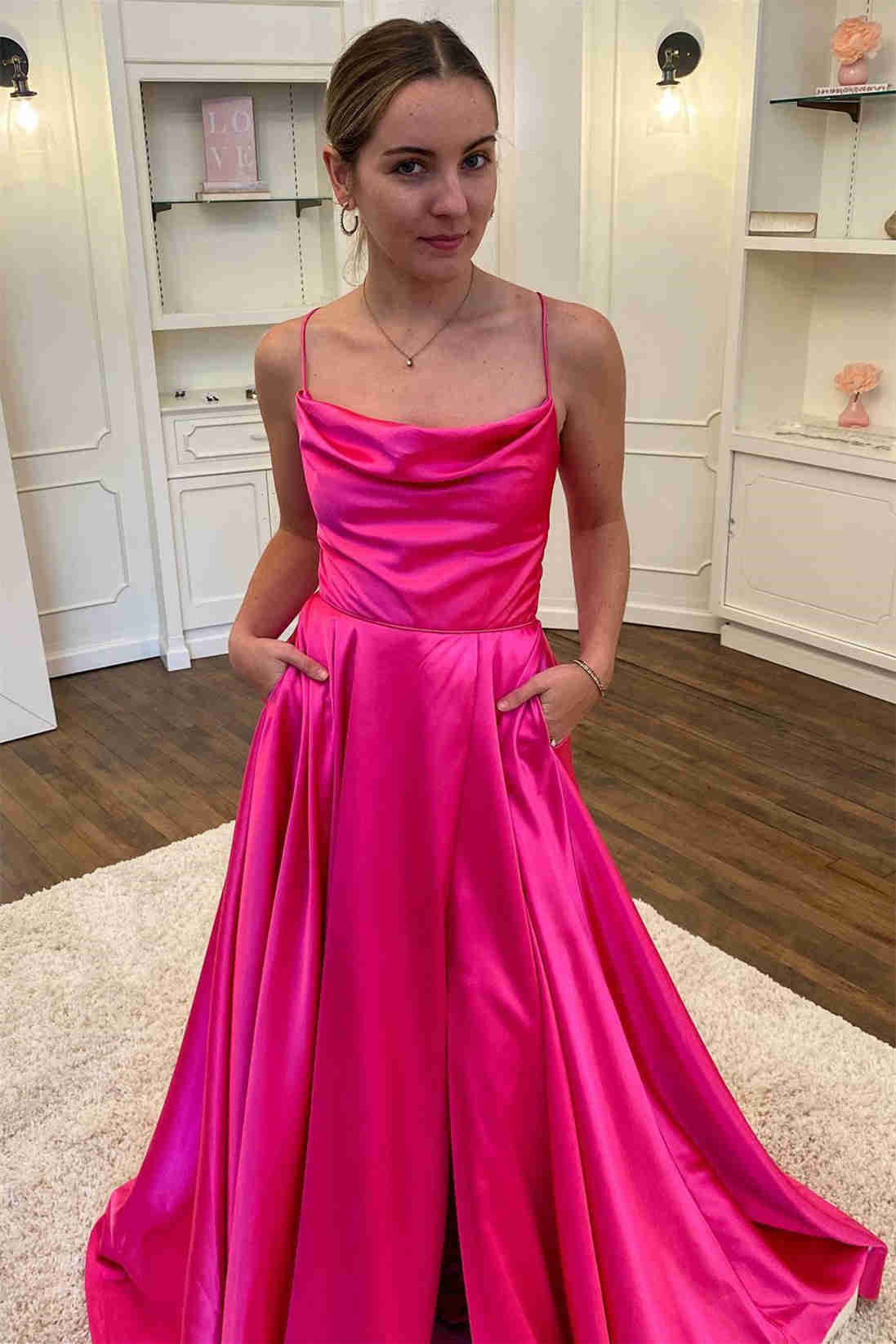 DingJiDress Prom Dress Evening Dresses Spaghetti Straps Satin With Slit A Line Floor Length