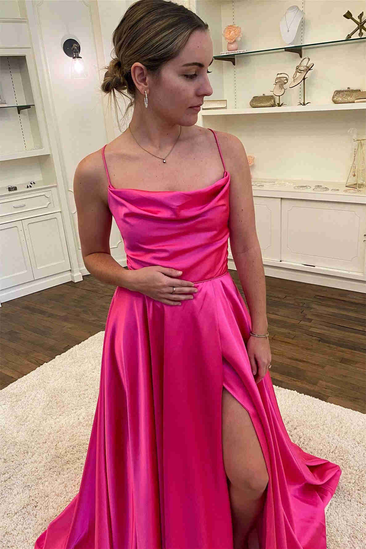 DingJiDress Prom Dress Evening Dresses Spaghetti Straps Satin With Slit A Line Floor Length