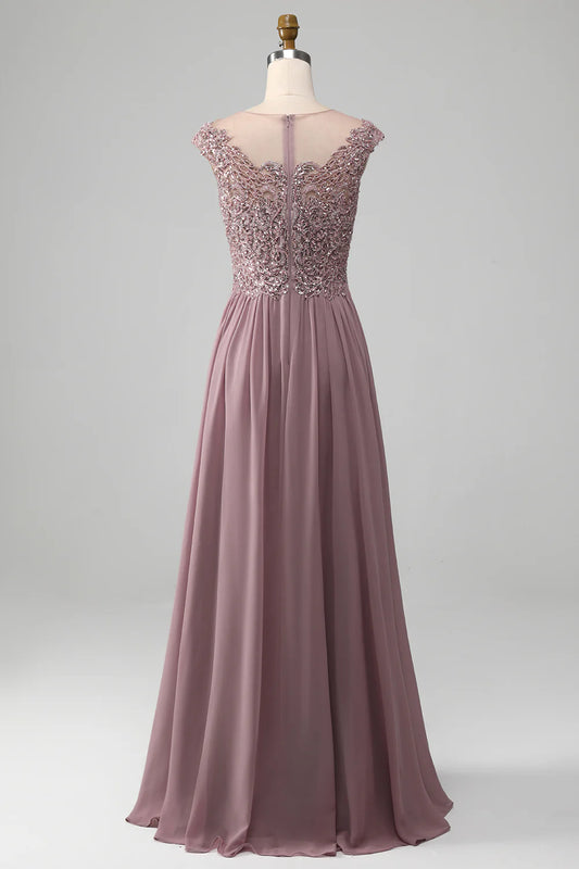 DingJiDress Elegant Bridesmaid Dresses Sparkly Dusk A-Line Round Neck Sequin Chiffon Floor-Length Dress Fall Wedding Guest Dress November