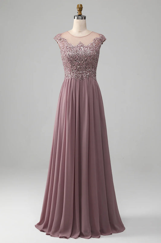 DingJiDress Elegant Bridesmaid Dresses Sparkly Dusk A-Line Round Neck Sequin Chiffon Floor-Length Dress Fall Wedding Guest Dress November