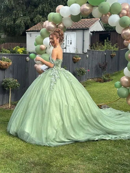 Fairy Ball Gown Off Shoulder Lace Applique Sage Green Train Prom Dress