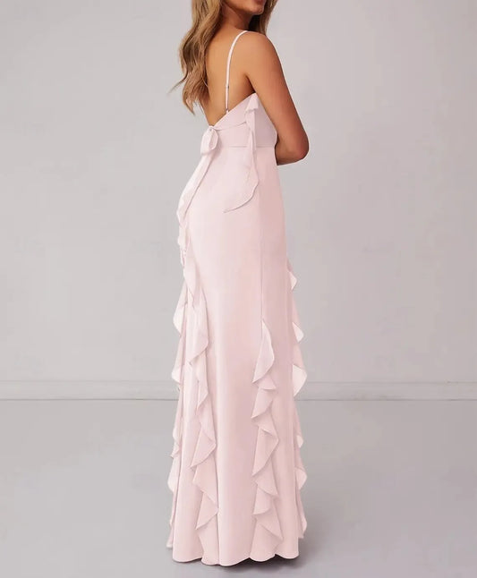 Flirty Mermaid Spaghetti Strap Ruffled Chiffon Blush Prom Dress With Slit
