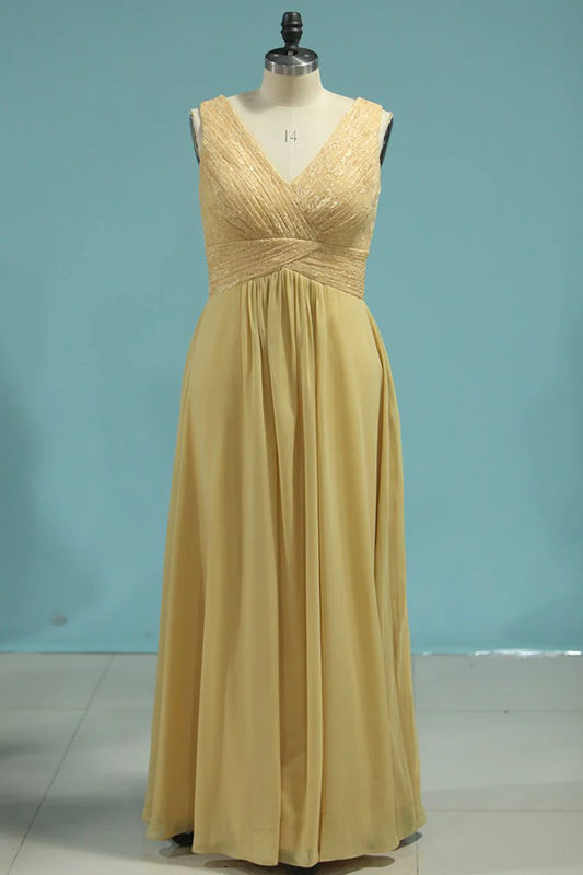 DingJiDress A Line With Ruffles Floor Length V Neck Bridesmaid Dresses Chiffon