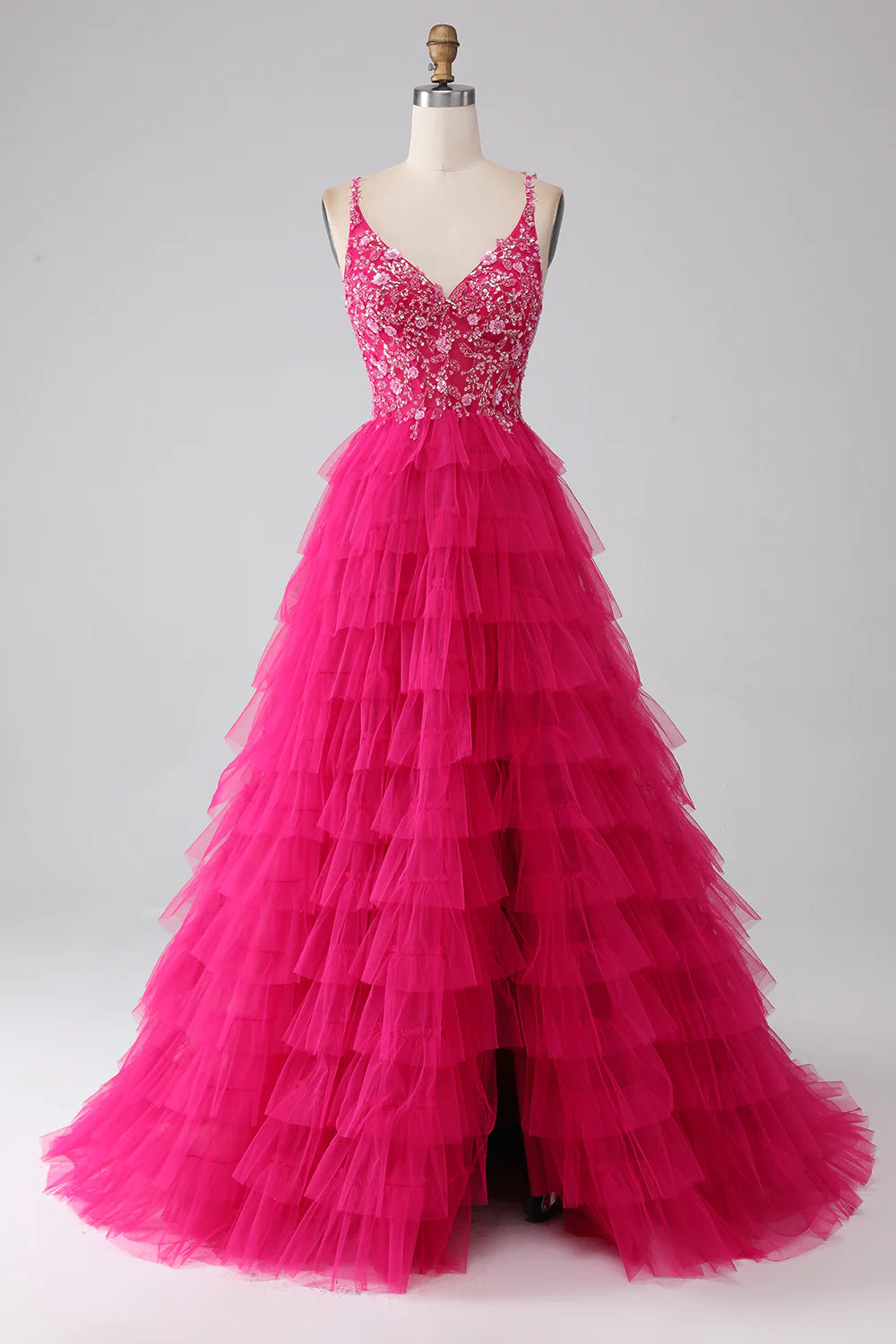 DingJiDress Fuchsia Princess A-Line Spaghetti Straps Sequin Tiered Long Prom Dress with Slit