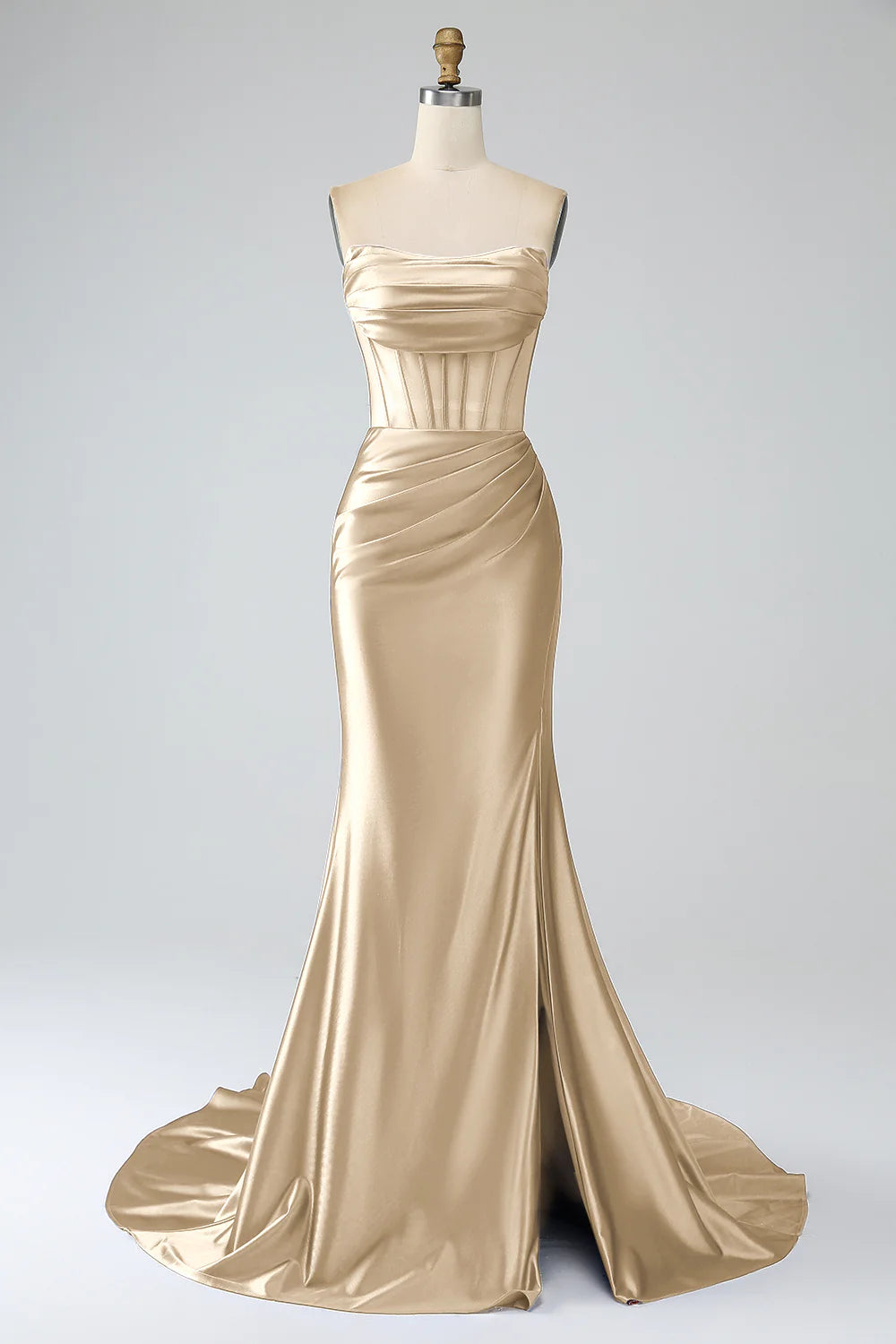 DingJiDress Blush Pink Mermaid Strapless Pleated Corset Long Prom Dress with Slit