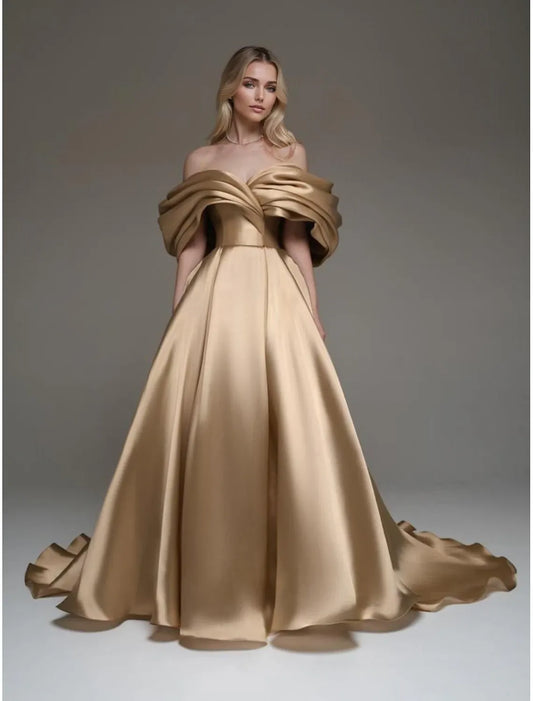 Glamorous A-Line Off Shoulder Ruffled Gold Train Prom Dress For Sale