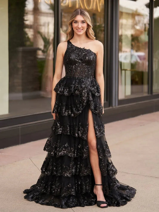 Glamorous A-Line One-Shoulder Applique Sequin Black Train Prom Dress With Slit