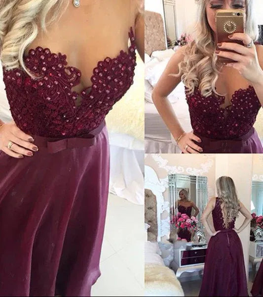 Glamorous A Line V Neck Beaded Lace Burgundy Floor Length Prom Dress