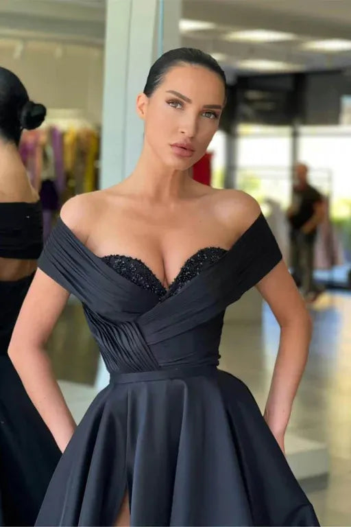Glamorous Ball Gown Off Shoulder Beaded Black Floor-Length Prom Dress For Women