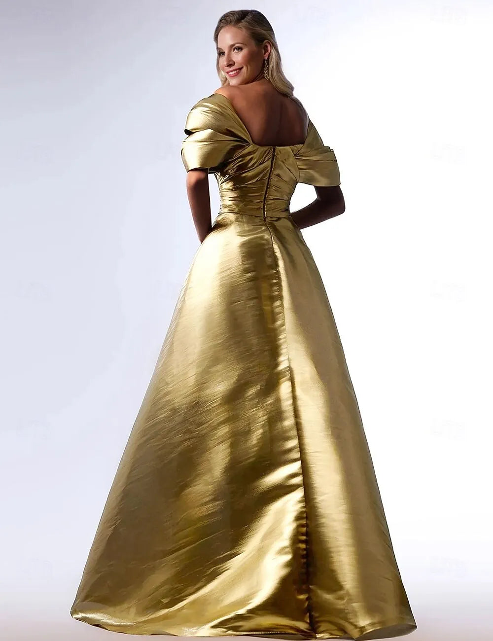 Glamorous Ball Gown Off Shoulder Ruched Metallic Gold Train Evening Dress For Sale