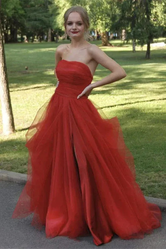 Glamorous Ball Gown Strapless Ruched Red Slit Floor Prom Dress Ready To Ship