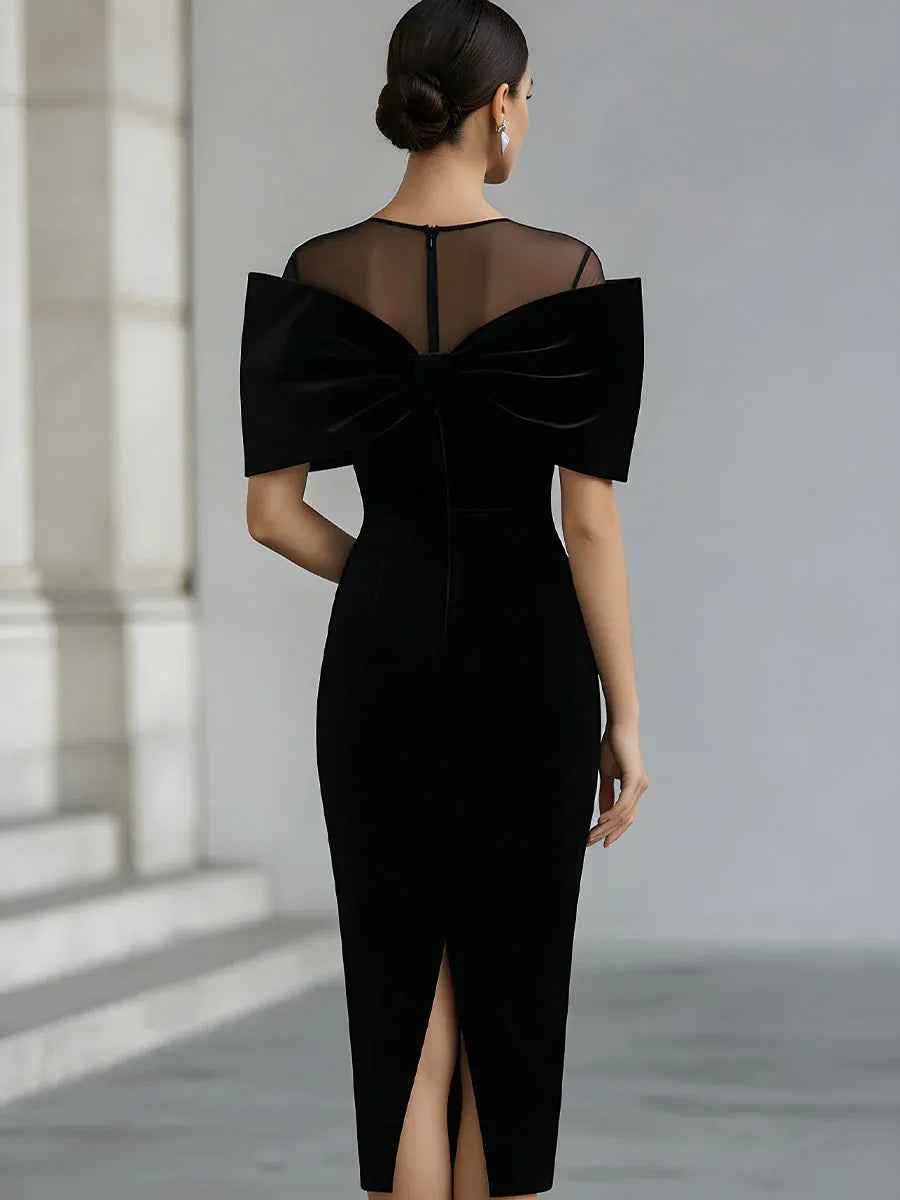 Glamorous Bodycon Sheer Neck Bow Detail Black Midi Evening Dresses