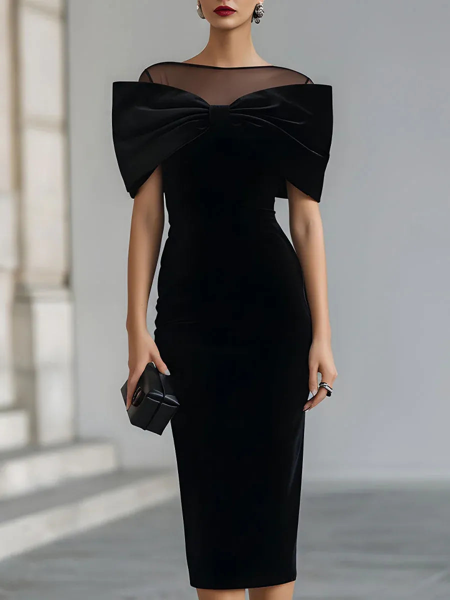 Glamorous Bodycon Sheer Neck Bow Detail Black Midi Evening Dresses