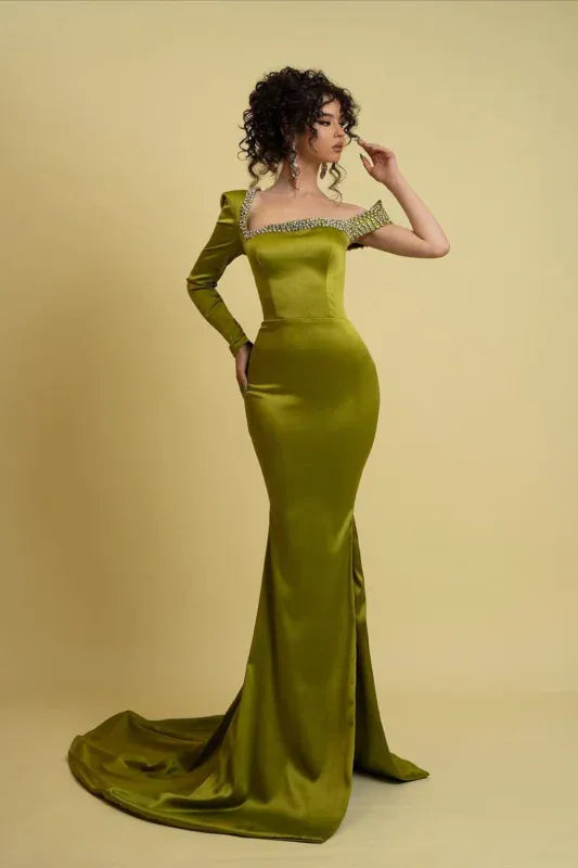 Glamorous Mermaid Asymmetrical Neck One Sleeve Beaded Olive Train Evening Dress For Sale