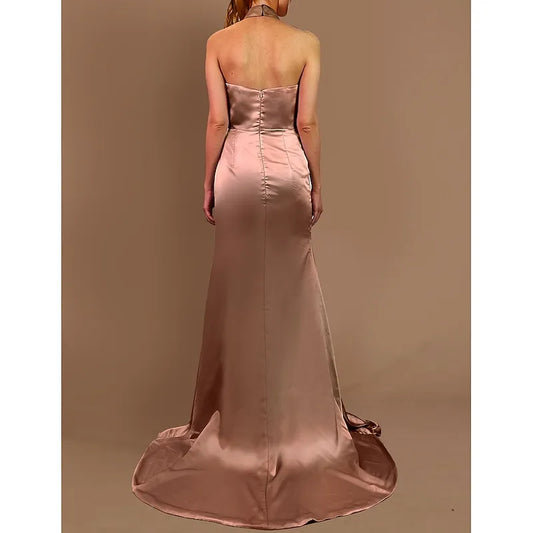 Glamorous Mermaid Halter-Neck Sleeveless Ruched Champagne Floor-Length Prom Dress For Women