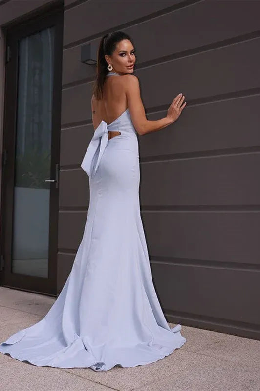 Glamorous Mermaid Halter Bow Back Sky Blue Maxi Prom Dress For Sale