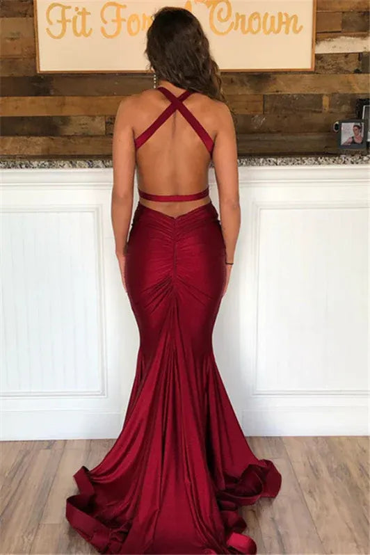 Glamorous Mermaid V-Neck Ruched Burgundy Evening Dress For Ladies Hot Sale