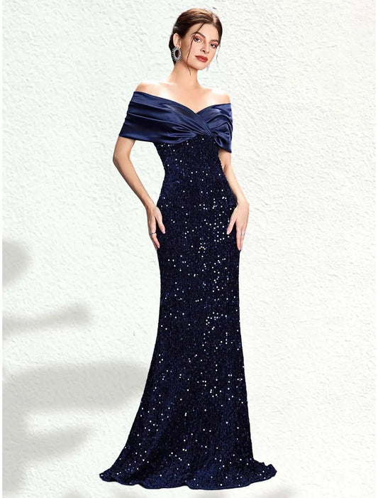 Glamorous Mermaid Off-Shoulder Sleeveless Sequin Navy Blue Long Prom Dress For Women Ready To Ship