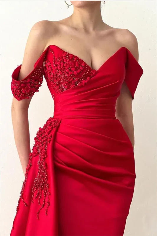 Glamorous Mermaid Off-the-shoulder Beaded Red Evening Dress For Ladies Hot Sale