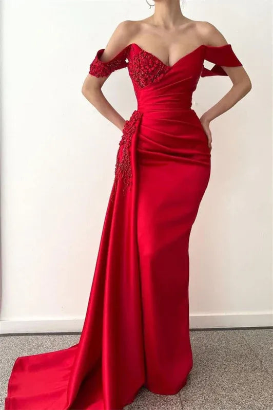 Glamorous Mermaid Off-the-shoulder Beaded Red Evening Dress For Ladies Hot Sale
