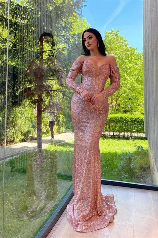 Glamorous Mermaid Off-the-shoulder Sequin Rose Gold Evening Dress For Ladies Hot Sale