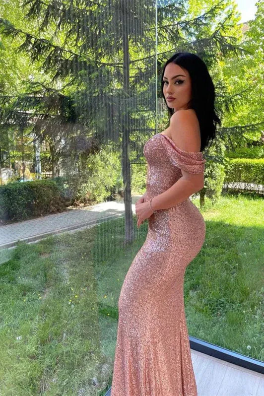 Glamorous Mermaid Off-the-shoulder Sequin Rose Gold Evening Dress For Ladies Hot Sale