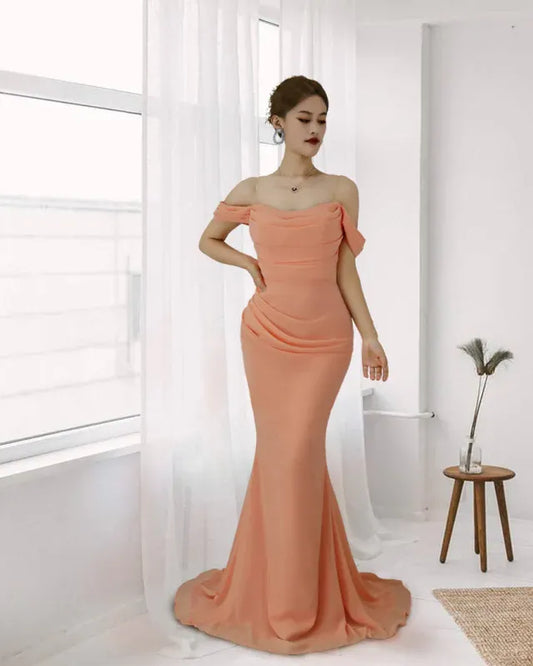 Glamorous Mermaid Off Shoulder Ruched Peach Floor-Length Prom Dresses
