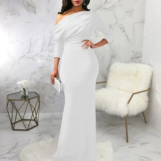 Glamorous Mermaid One-Shoulder Half Sleeve Draped White Maxi Prom Dress for Women Custom