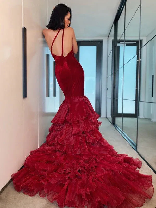 Glamorous Mermaid One-shoulder Tiered Ruffled Red Evening Dress For Ladies Hot Sale