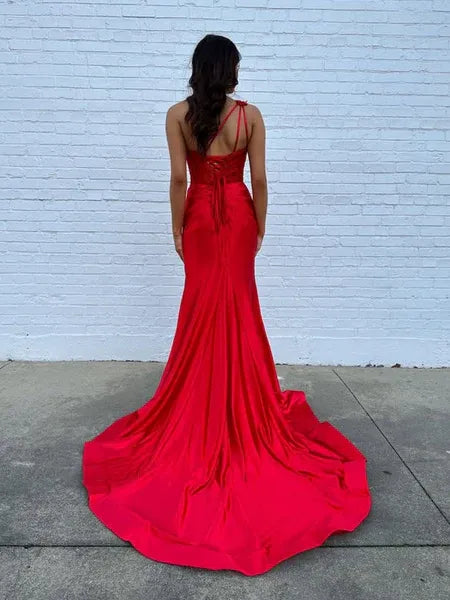 Glamorous Mermaid One Shoulder Lace Applique Satin Red Train Prom Dress