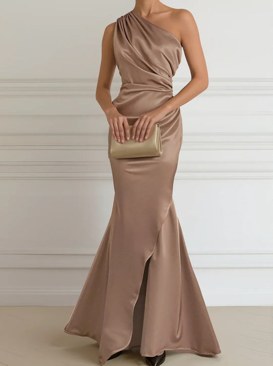 Glamorous Mermaid One Shoulder Ruched Taupe Floor-Length Evening Dresses