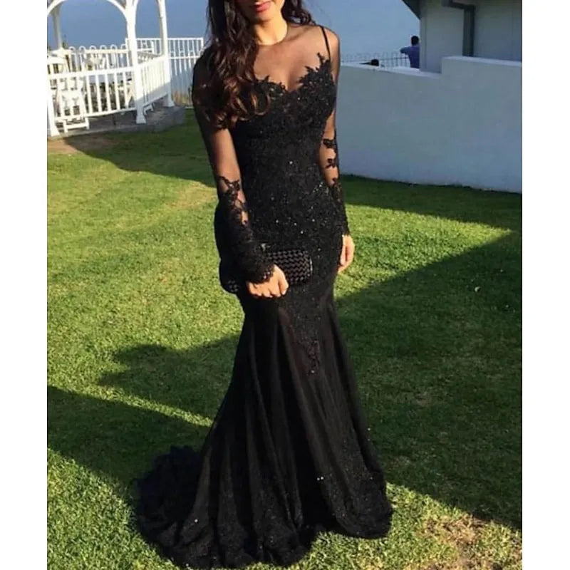 Glamorous Mermaid Sheer Neck Long Sleeve Lace Applique Sequin Black Evening Dress For Sale