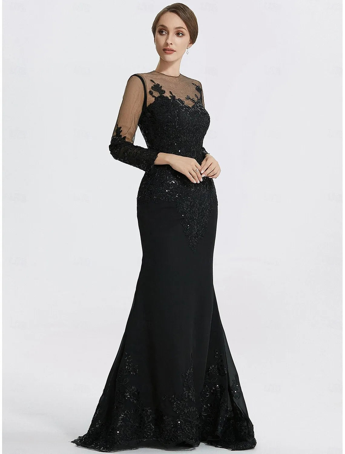Glamorous Mermaid Sheer Neck Long Sleeve Lace Applique Sequin Black Evening Dress For Sale