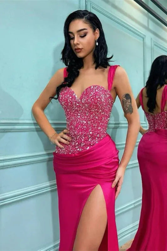 Glamorous Mermaid Sweetheart Neck Wide Straps Beaded Ruched Fuchsia Floor Length Evening Dress For Sale