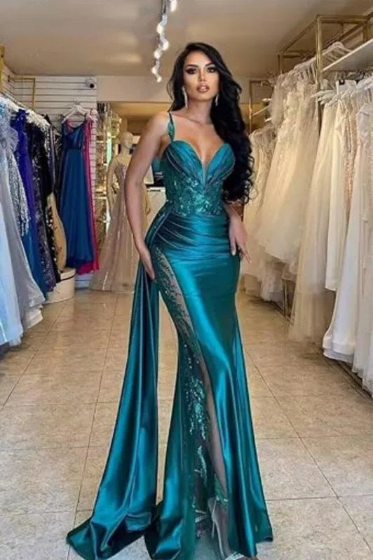 Glamorous Mermaid V-Neck Sleeveless Beaded Teal Maxi Evening Dress for Women Custom
