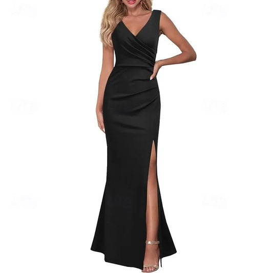 Glamorous Mermaid V-neck Sleeveless Ruched Black Maxi Prom Dress for Women Hot Sale