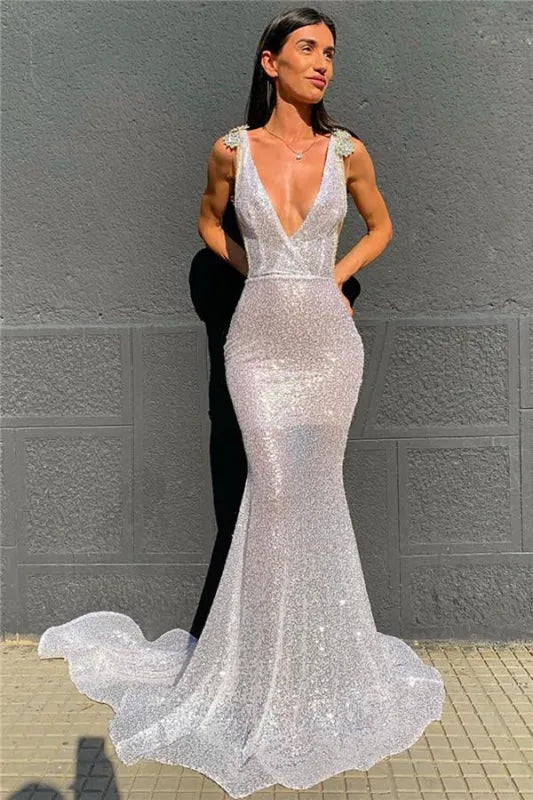 Glamorous Mermaid V-neck Beaded Silver Evening Dress For Ladies Hot Sale