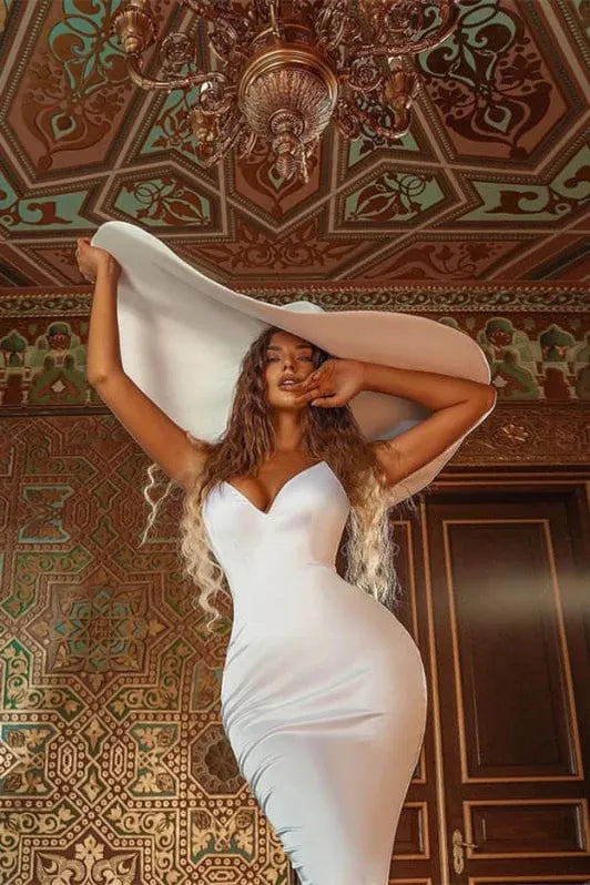 Glamorous Mermaid V-neck Satin White Maxi Prom Dress for Women Custom