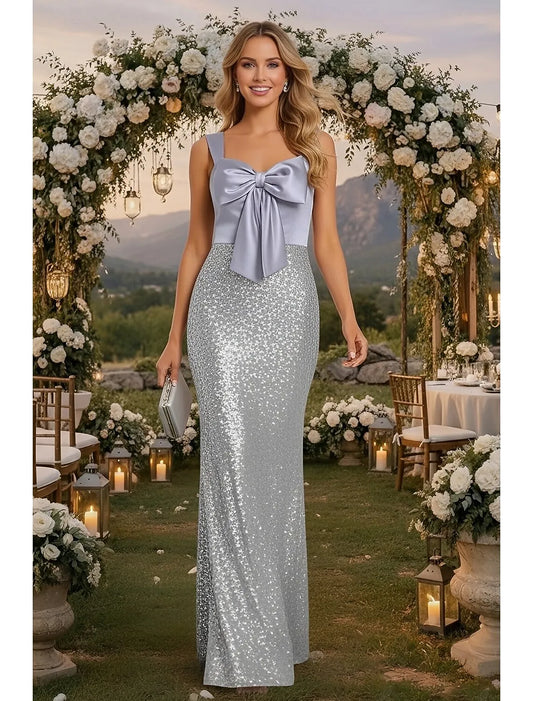 Glamorous Mermaid Sweetheart Sleeveless Bow Sequin Satin Silver Maxi Prom Dress