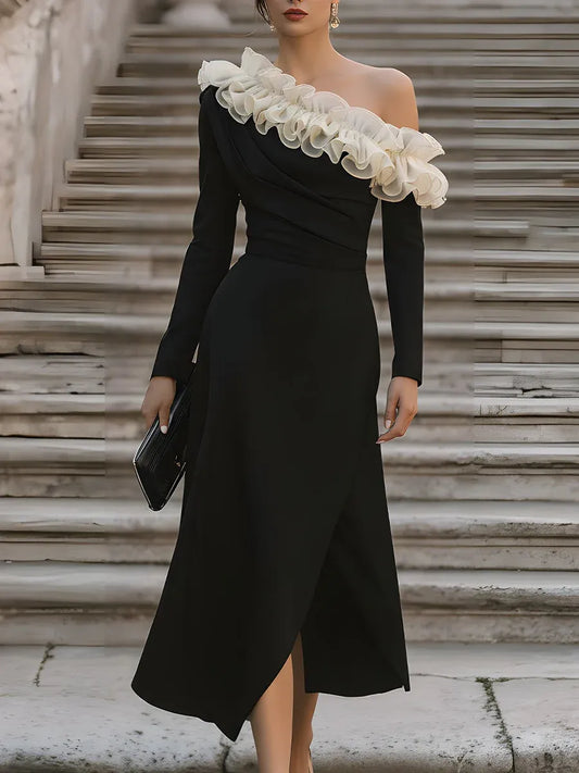 Glamorous Sheath One Shoulder Long Sleeves Pleated Ruffled Black Midi Prom Dresses