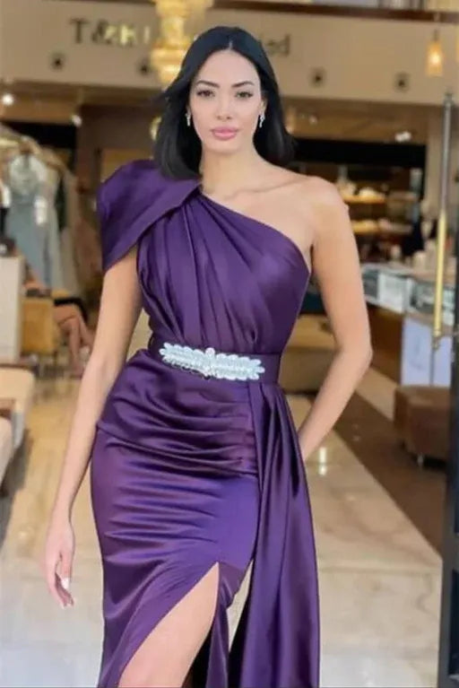 Glamorous Sheath One Shoulder Ruched Beaded Purple Floor-Length Prom Dress For Women