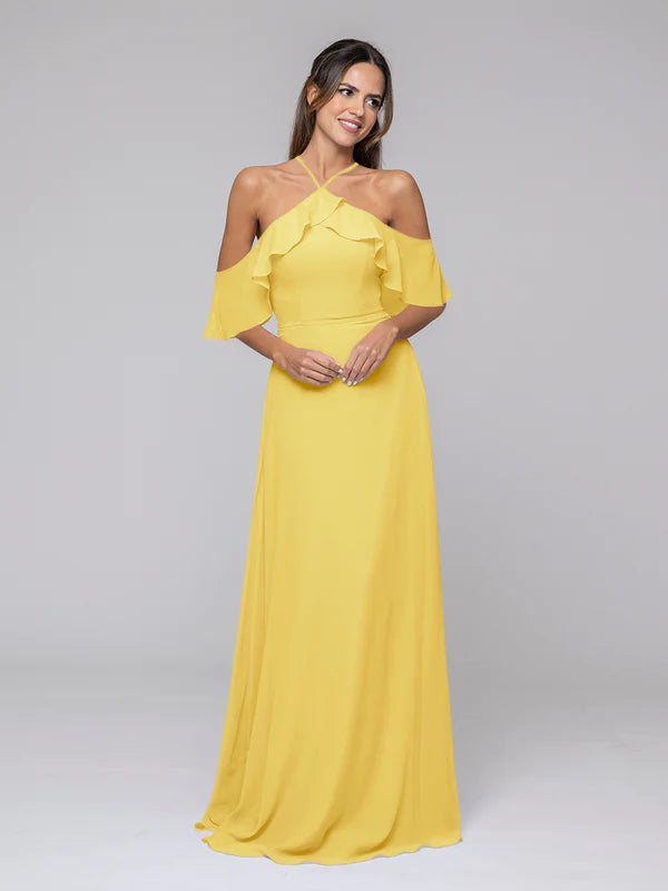 DingJiDress Halter Ruffles Off The Shoulder Chiffon Floor Length Bridesmaid Dresses