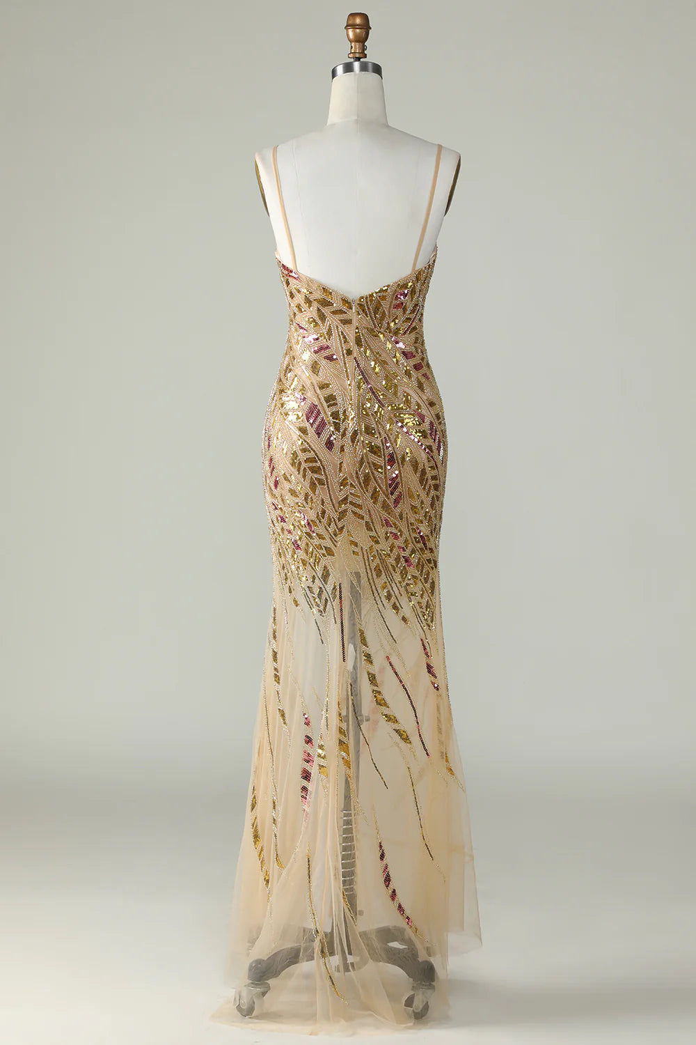 DingJiDress Bling Mermaid Spaghetti Straps Golden Sequins Long Prom Dress with Split Front